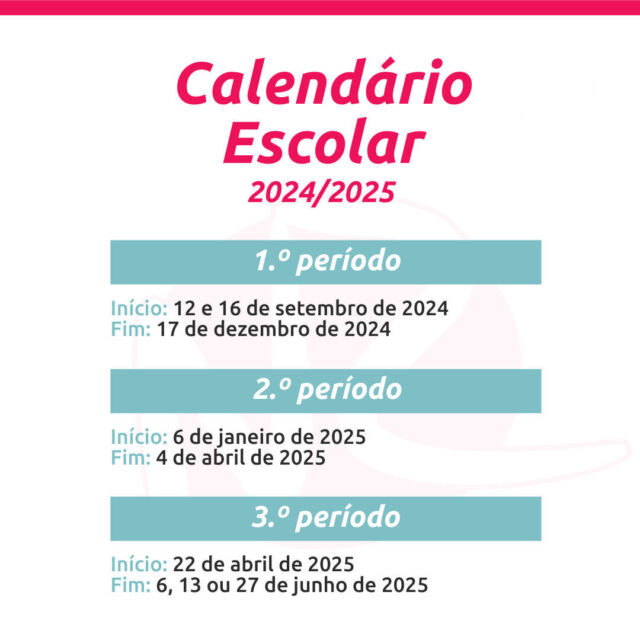 📚🗓️ Calendário Escolar 2024/2025 🗓️📚

Fiquem atentos às datas importantes do próximo ano letivo! Aqui estão os períodos de aulas.

𝗣𝗲𝗿𝗶́𝗼𝗱𝗼𝘀 𝗟𝗲𝘁𝗶𝘃𝗼𝘀
𝟭.º 𝗽𝗲𝗿𝗶́𝗼𝗱𝗼: 
12 e 16 de setembro de 2024 - 17 de dezembro de 2024

𝟮.º 𝗽𝗲𝗿𝗶́𝗼𝗱𝗼: 
6 de janeiro de 2025 - 4 de abril de 2025

𝟯.º 𝗽𝗲𝗿𝗶́𝗼𝗱𝗼:
22 de abril de 2025 - 6 de junho de 2025 (9.º, 11.º e 12.º anos)
22 de abril de 2025 - 13 de junho de 2025 (5.º, 6.º, 7.º, 8.º e 10.º anos)
22 de abril de 2025 - 27 de junho de 2025 (pré-escolar e 1.º, 2.º, 3.º e 4.º anos)

Não se esqueçam de marcar estas datas no vosso calendário! 🗓️✏️

#anoletivo20242025 #calendarioescolar #educacao #escola #estudantes #feriasescolares #backtoschool