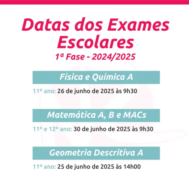 📝 Exames Nacionais 2025: Datas da 1.ª Fase

Já são conhecidas as datas dos exames nacionais, uma etapa importante no percurso académico dos vossos filhos. Este é o momento ideal para começarem a preparar-se com calma e confiança.

📅 12.º Ano
Matemática A (635): 30 de junho

📅 11.º Ano
Geometria Descritiva A (708): 25 de junho
Física e Química A (715): 26 de junho
Matemática B (735): 30 de junho
Matemática Aplicada às Ciências Sociais (835): 30 de junho

Com uma preparação bem planeada e apoio adequado, os vossos filhos podem enfrentar estes desafios com tranquilidade.

💡 Explicações individuais com acompanhamento personalizado.
📩 Envie mensagem para mais informações sobre horários e planos de preparação para os exames!